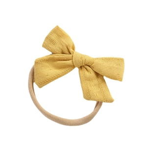 Yellow cotton lace bow headband for infants with high-elastic seamless nylon strap