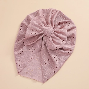 Dusty rose lace baby turban hat with breathable hollow-out design and oversized bow