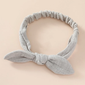 Grey cotton bunny ear headband for baby girls with soft knotted bow and elastic band