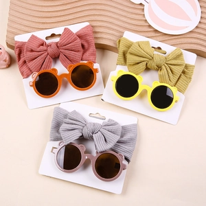 Three-set baby rib-knit bow headband and bear-ear sunglasses in coral, green, and grey