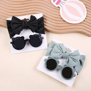 Kids knitted bow headband and bear ear sunglasses set in dark grey and sage green colors