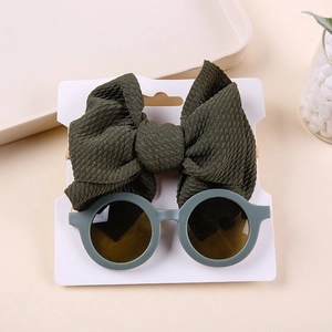 Olive green waffle bow headband and round sunglasses accessory set for babies