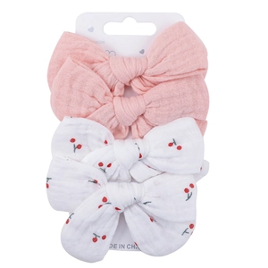 4-pack baby cotton bow hair clips with cherry print and solid pink on display card