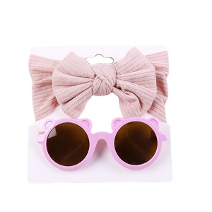 Pink striped bow headband and bear ear sunglasses two-piece accessory set for baby girls