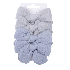 Detail of 4-piece set of cotton linen bow clips in light grey and blue on display card