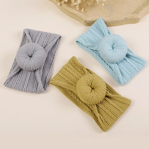 Lot de 3 bandeaux bébé en maille jacquard avec nœud donut en gris, bleu et moutarde