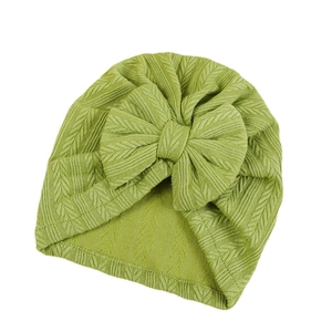 Elastic baby turban hat with oversized bow and ribbed knit texture in avocado green