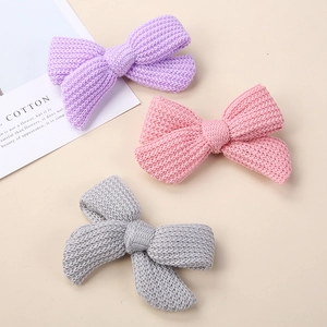Three-color set of knitted bow hair clips for girls in purple pink and grey
