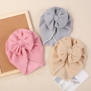 Baby Waffle Knit Turban Hat With Large Bow Soft Warm Toddler Headwrap Indian Style Beanie Newborn Infant Girls Headwear