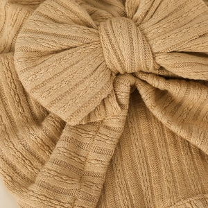 Newborn ribbed cable knit turban hat with large bow in khaki, warm autumn winter style