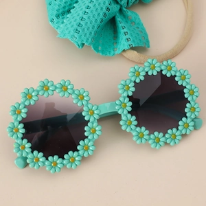 Kids mint green daisy round sunglasses and soft bow headband accessories set