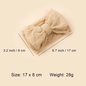 Bandeau bébé élastique beige avec nœud tricoté multicouche, taille 17 x 8 cm et poids 28g