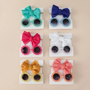 Baby accessories set with hollow lace bow headband and daisy sunglasses in six colors