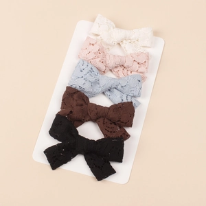 Five-pack vintage lace bow hair clips for girls in white pink blue brown and black