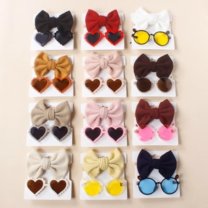 Baby accessories set with waffle knit bow headband and round ear sunglasses in twelve colors