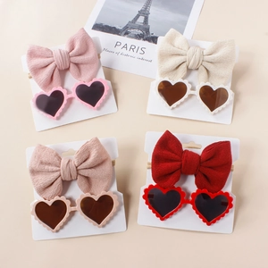 Baby Girls Bow Headband Heart Shaped Sunglasses Set Infant Waffle Knit Hair Band Toddler Sun Glasses Accessories Gift