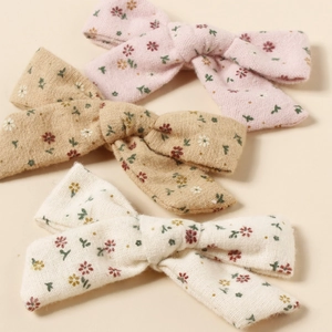 Lot de barrettes à nœuds fleuris en coton et lin rose et beige pour petites filles