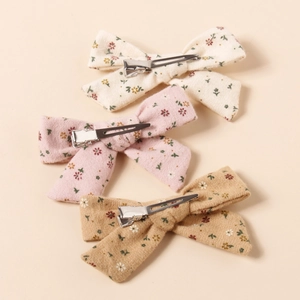 Lot de 3 barrettes à cheveux à fleurs pour filles en crème, rose et jaune avec nœuds