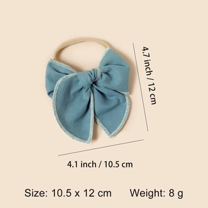 Bandeau pour bébé avec nœud bleu en lin et ruban élastique avec dimensions précises