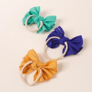 Set of 3 nylon bow headbands for baby girls in green, blue and mustard yellow colors