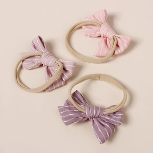 Set of 3 striped cotton bow baby headbands with soft elastic nylon bands in pink shades