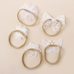 Lot de 5 bandeaux bébé en dentelle blanche avec nœuds brodés sur bandes nylon