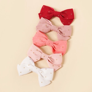 Vijfdelige set corduroy haarstrikjes voor meisjes in rood, roze en wit met gouden pailletten