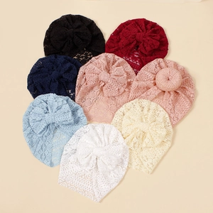 Newborn Baby Lace Turban Hat Breathable Hollow Mesh Beanie With Large Bow Knot Donut Design Toddler Infant Girl Headwear