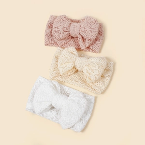Three-piece set of lace baby headbands with double-layer bows in pink, beige and white