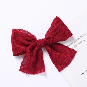 Détail d'un nœud papillon en dentelle rouge foncé avec tissu en maille sur fond blanc