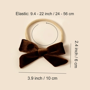 Bandeau bébé avec nœud en velours marron, bande en nylon beige et guide des tailles