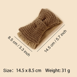 Knitted bow headband for babies in tan yarn, size 14.5x8.5cm, lightweight ear warmer