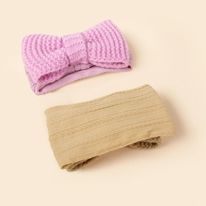 Knitted baby headbands set with pink bow and khaki cable knit pattern ear warmers
