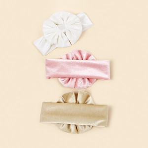 Lot de trois bandeaux bébé en velours avec nœuds blanc, rose et doré, élastiques