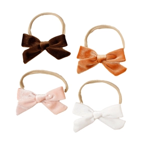 Lot de quatre bandeaux bébé en velours avec nœuds en marron, orange, rose et blanc