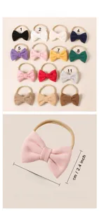 Detailed size specifications for a small knitted bow headband for infants with 14 colors