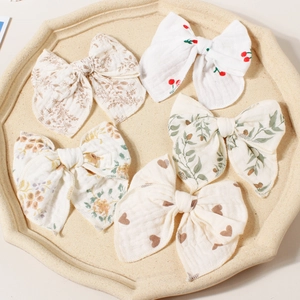 Kids Muslin Bow Hair Clips Floral Cherry Printed Cotton Fabric Alligator Clips For Toddler Girls Fresh Style Hair Accessories