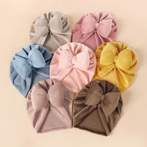 Bonnets turban pour bébé en velours côtelé avec grand nœud en sept couleurs