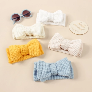 5-pack elastic knitted waffle texture baby headbands with large bows in pastel colors