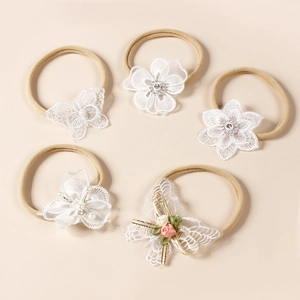 Bandeaux Bébé en Nylon Élastique Souple Noeud en Dentelle Accessoires Cheveux Floraux Avec Künstliche Perles et Strass Pour Enfants