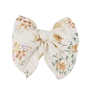 Floral print cotton bow hair clip in cream white with yellow and purple flowers