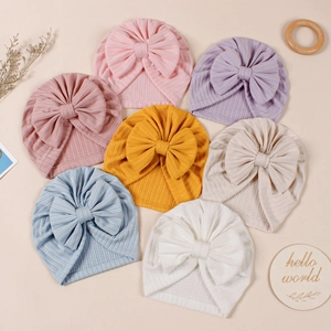 Baby ribbed knit turban hats with big bows in seven soft pastel colors set