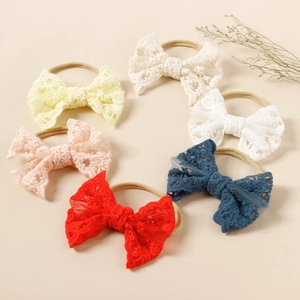 Baby Girls Lace Bow Headband Soft High Elastic Nylon Hair Band For Infants Toddlers Children Floral Embroidery Hair Accessories