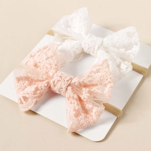 Lace butterfly baby headband set in pink and white colors with soft nylon bands