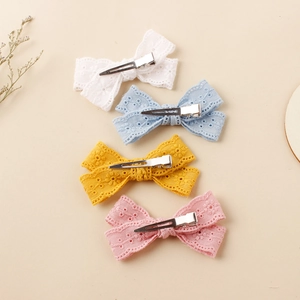 Set of 4 embroidery lace bow hair clips for girls in white, blue, yellow and pink