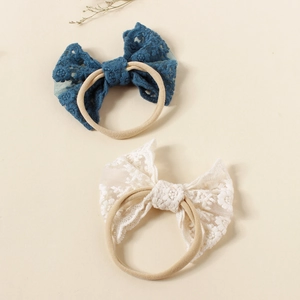 Lace bow baby headbands in navy and cream with soft high-elastic nylon bands