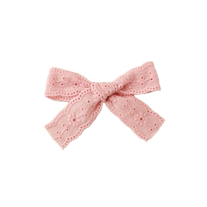 Pink embroidered eyelet lace bow hair clip for girls with a vintage handmade design