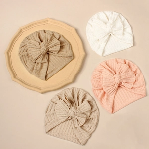Bonnets turbans pour bébé en maille gaufrée avec nœud en crème et kaki pour nourrissons
