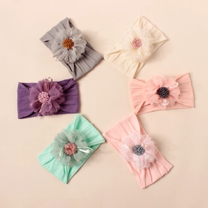 Baby Girls Elastic Nylon Headband Large Mesh Flower Cable Knit Infant Toddler Hair Band Fontanelle Protector Hair Accessory