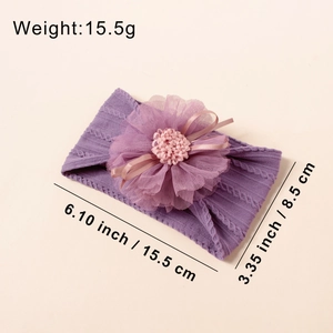 Detail of purple nylon baby headband with 3D mesh flower and size measurements